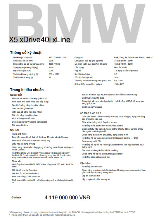 Thông số kỹ thuật của BMW X5 xDrive40i xLine.